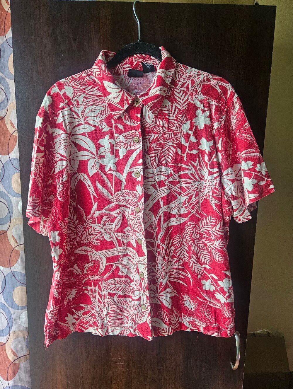 Erika Red and White Tropical Short-Sleeve Button-Down Shirt Size 1X